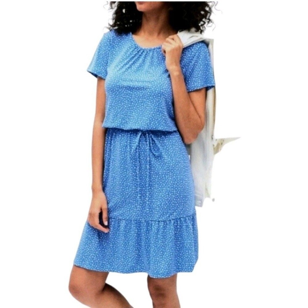 Banana Republic Cottage Sz L  Tiered Dress Elastic Tie Waist Coastal Blue Midi